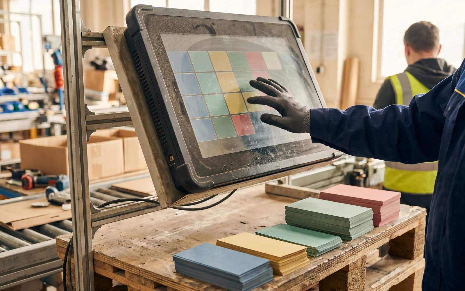 Großer Touch-Monitor mit farbcodierten Karten an der Montagelinie – digitales Card-Board