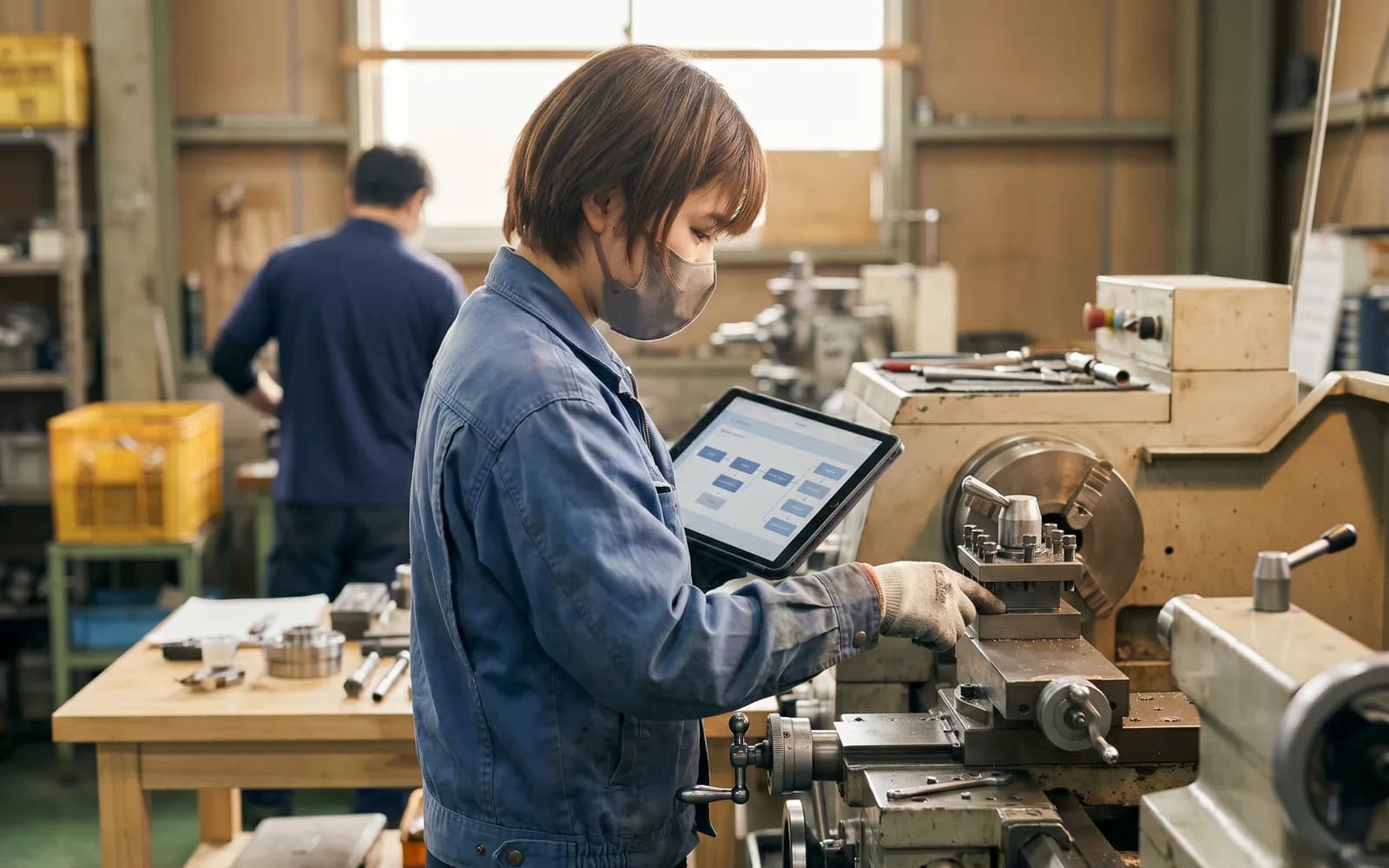 Auszubildende am Werkzeugmaschinen-Arbeitsplatz mit Anleitung – KI-Onboarding