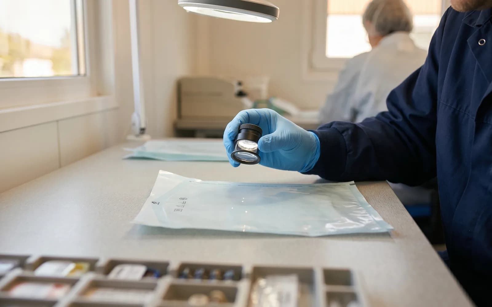 Sterilverpackung unter Prüflicht mit markierten Fehlern – KI-Qualitätskontrolle