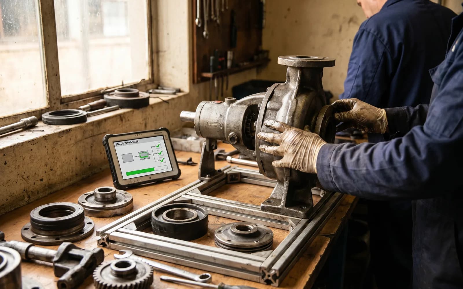 Pumpe in der Werkstatt-Instandsetzung mit Status-Screen – Kundenportal