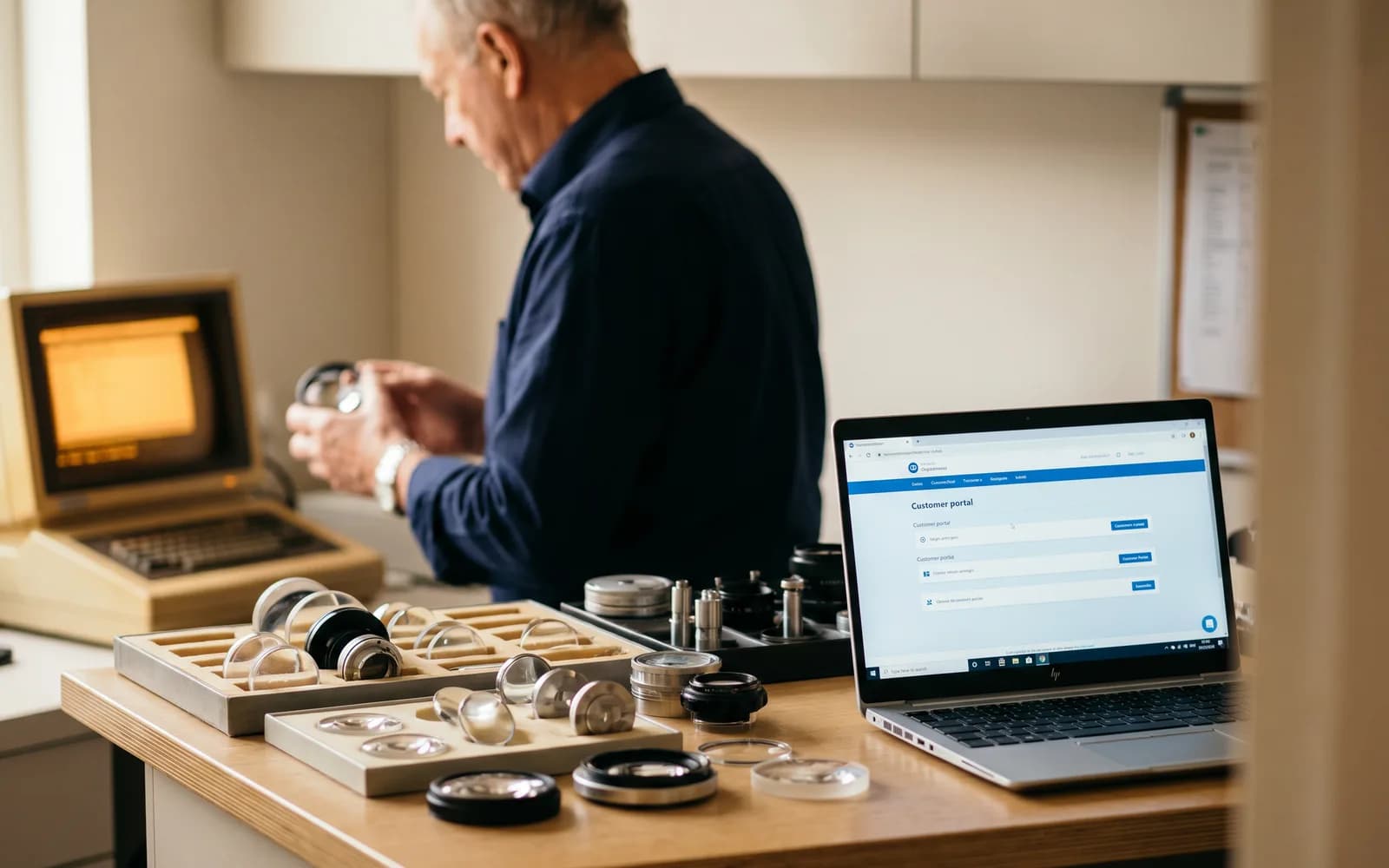 Präzisionsoptik am Arbeitsplatz, modernes Portal neben altem Terminal – Legacy-ERP-Brücke