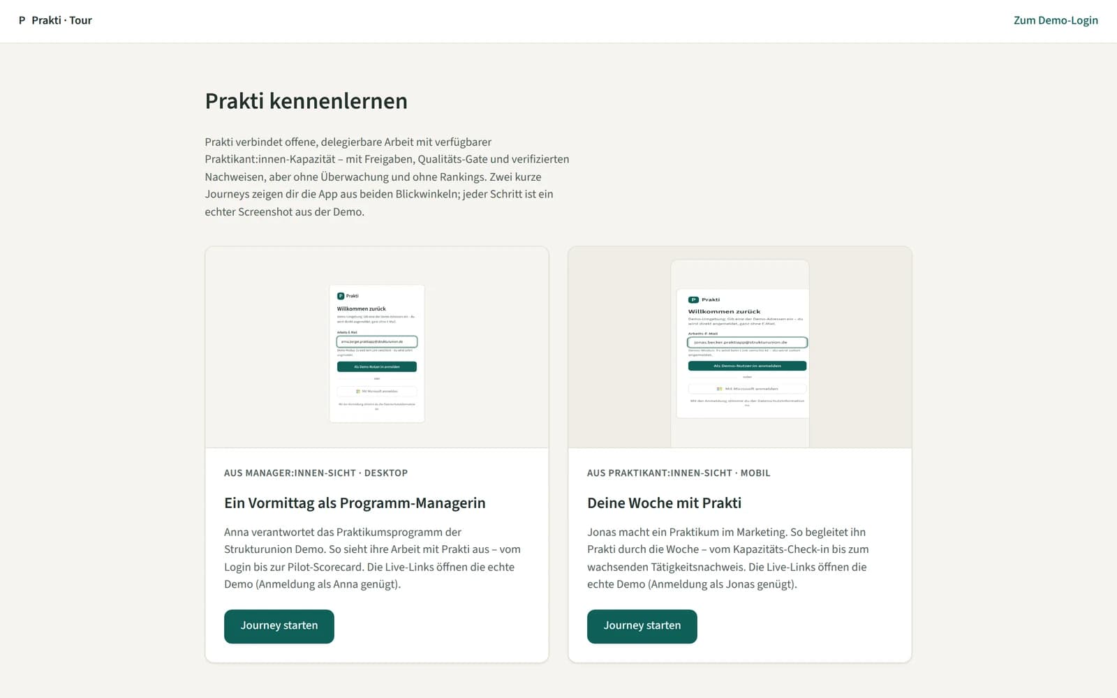 Startseite der Prakti-Produkt-Tour mit zwei geführten Journeys – Programm-Management und Praktikant:in