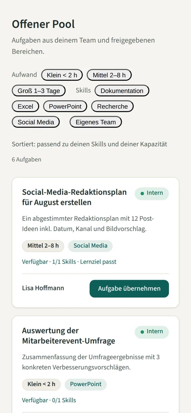 Offener Aufgabenpool in der mobilen Prakti-Ansicht mit transparenter Sortierung