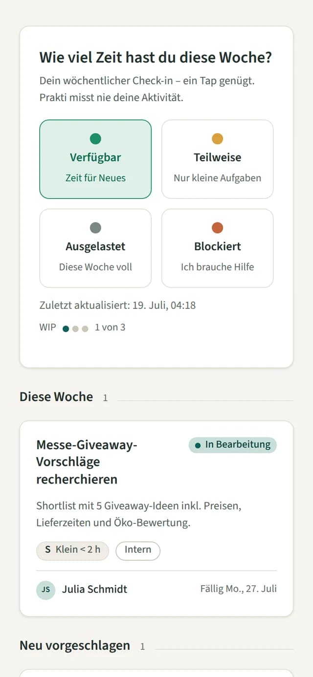 Prakti auf dem Smartphone: Kapazitätsband auf der Startseite der Praktikant:innen