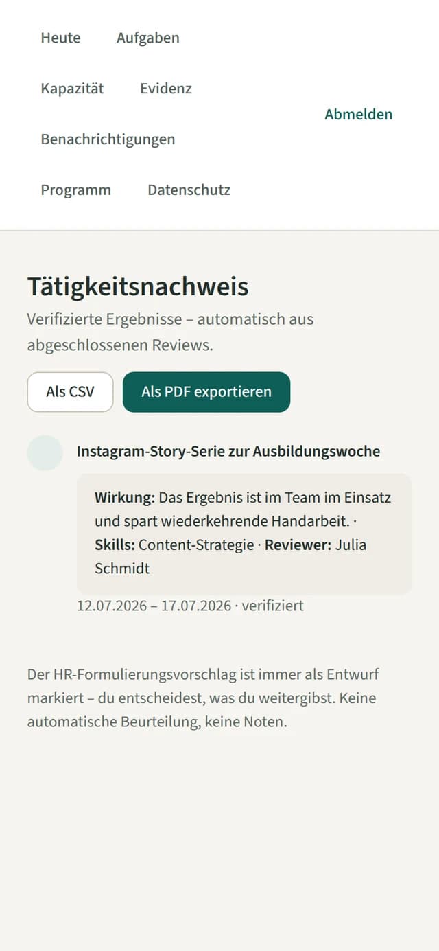 Verifizierter Tätigkeitsnachweis in der mobilen Prakti-Ansicht, exportierbar als PDF/CSV
