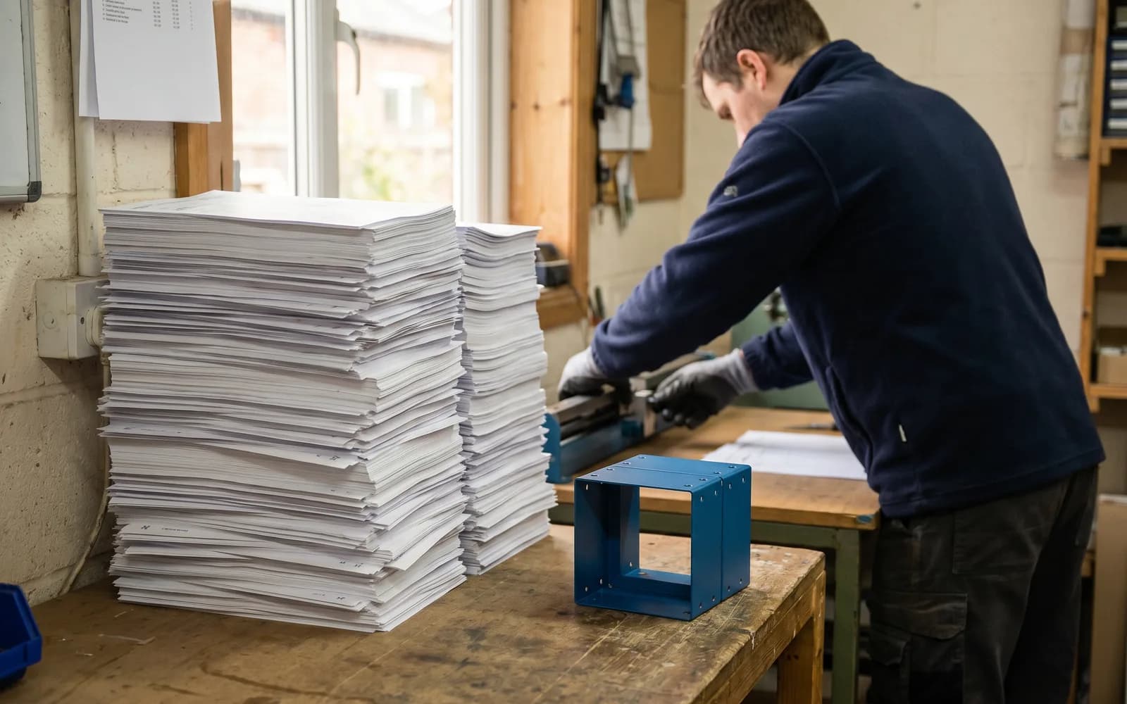 Riesiger Papierstapel gegen ein fertiges Teil – Wert statt Aktivität messen