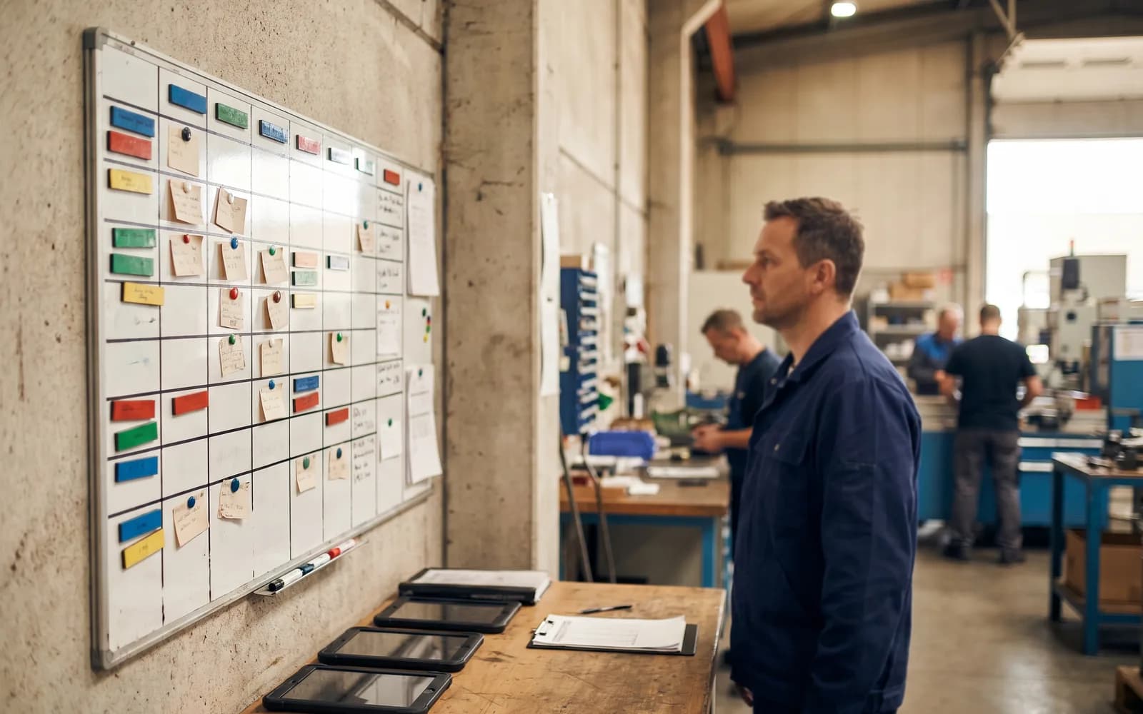 Magnetische Plantafel an der Hallenwand, Tablets beiseite – Sichtbarkeit auf dem Shopfloor